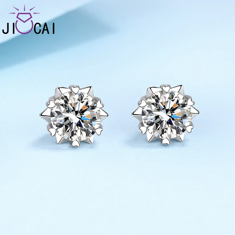 

JICAI S925 Sterling Silver Earrings 2ct 8.0mm D Color Moissanite Stud Earrings Round Snowflake Female Fashion for Fine Jewelry