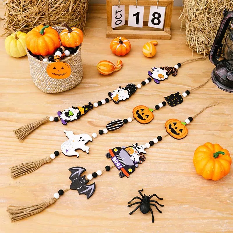 

Halloween Decoration Wooden Beads Pendant Gnome Pumpkin Bat Boo Ghost Hanging Ornaments Gifts Halloween Party Home Wall Decor