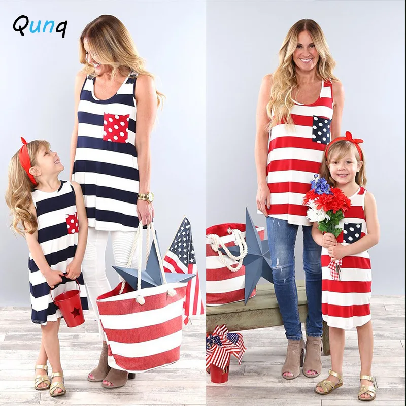 

Qunq Fall European/American Wind Parent Child Outfit Striped Bow Sleeveless Stitching Dress Mommy And Daughter Matching Clothes
