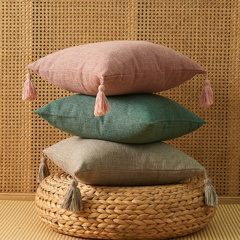 Home Decorative Pure Color Cotton Hemp Tassel Pillow Cover for Home Simple Art Style Square Pillow Cushion Cover Without Core