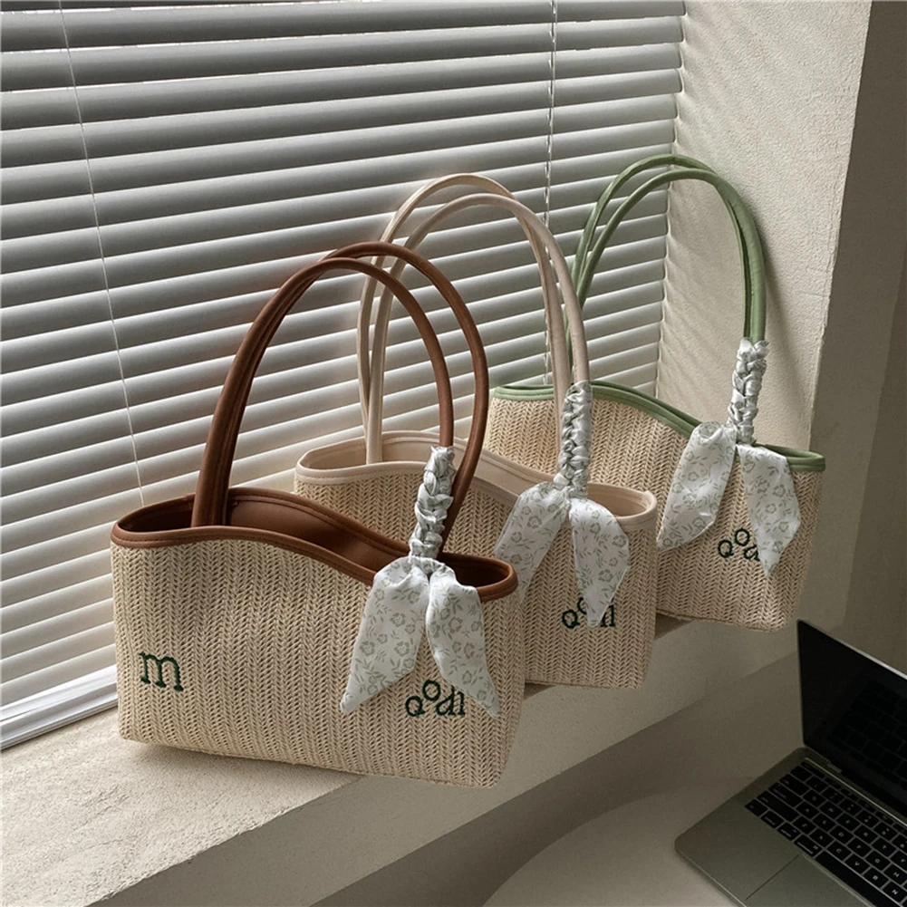 

Летняя асимметричная соломенная сумка на плечо, женская сумочка с шарфом, 2022, трендовая пляжная плетеная дизайнерская женская сумка-тоут, С...