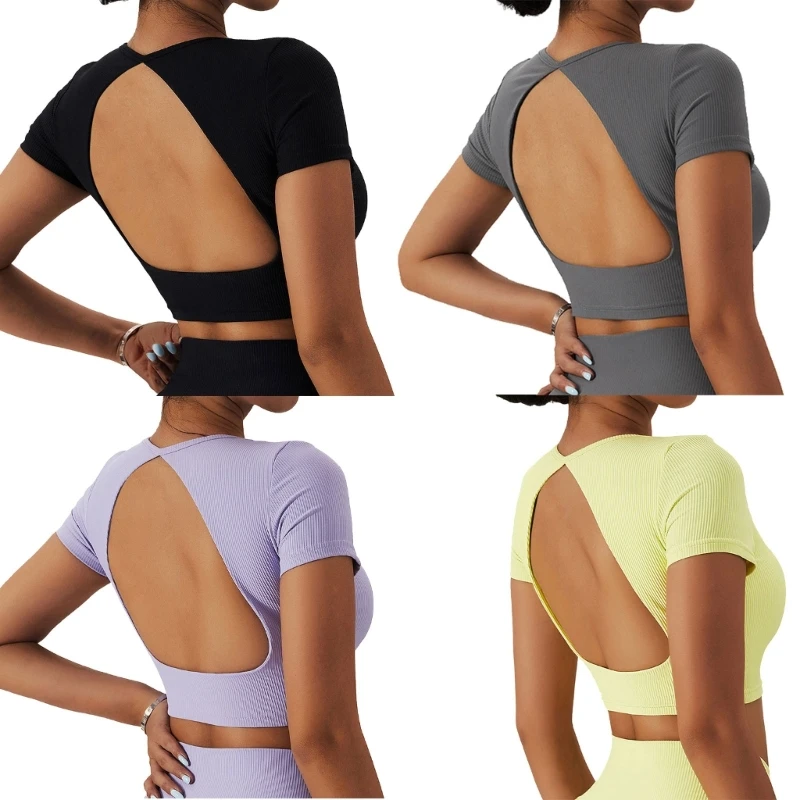 

Women Workout Sports Bras Ribbed Fitness Backless Short Sleeve Yoga Crop Tops
