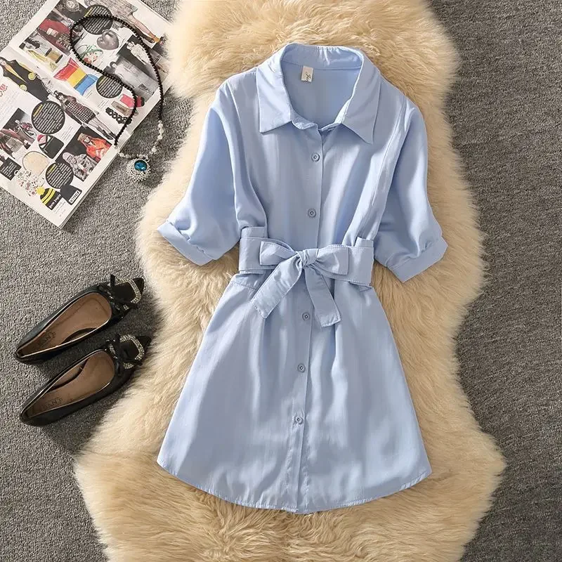 Лето 2023 повседневные модные шорты топ синяя рубашка средней длины с завязками