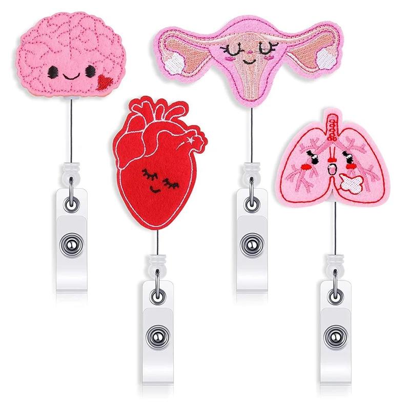 

4 PCS Badge Reel Holder Retractable Cute Badge Clip Felt Uterus Lung Heart Brain Badge Alligator Clip for Nurse