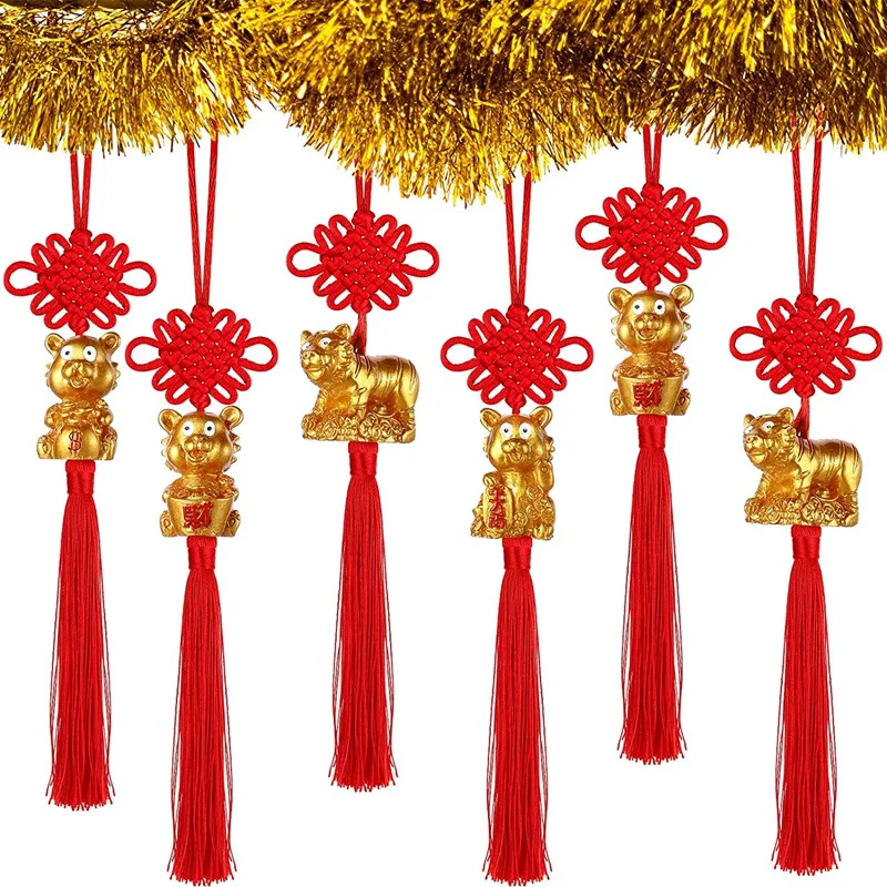 

8 Pieces Chinese Knot Decoration Golden Chinese Year of Tiger Lucky Charms Red Hanging Chinese Feng Shui Decor