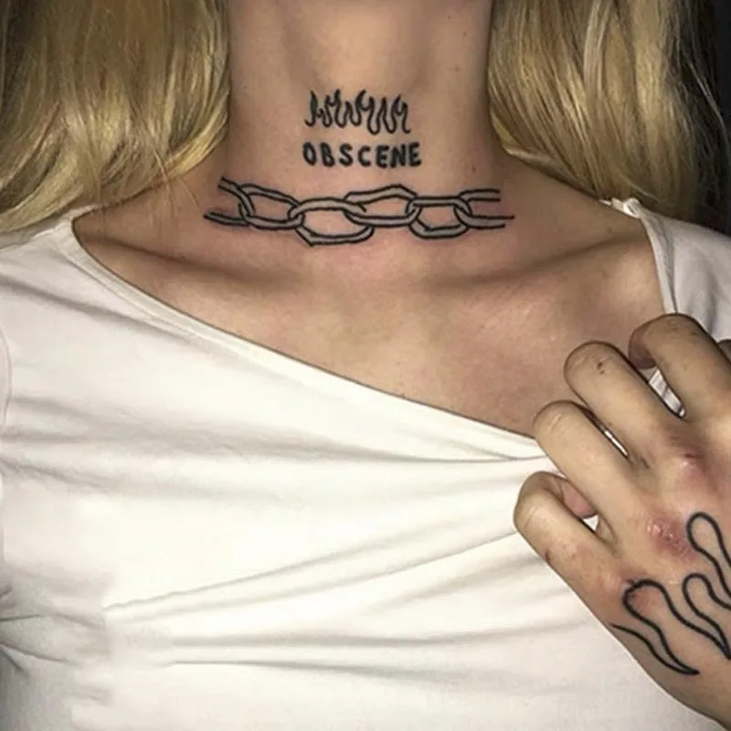 

Водостойкая Временная тату-наклейка, черная шея, письмо, цепочка, пламя, тату, мигание, тату, шея, женская, мужская