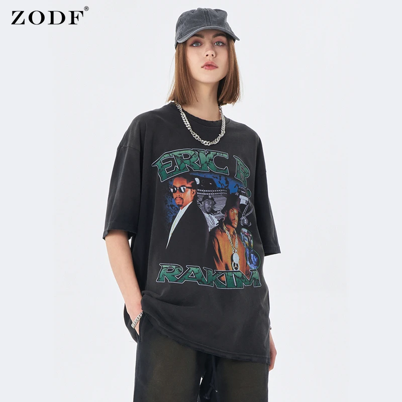 

ZODF New Summer 260gsm Washed Cotton T-Shirts Tops For Men Loose Hip Hop Pringting Black TShirt Brand Streetwears HY0155