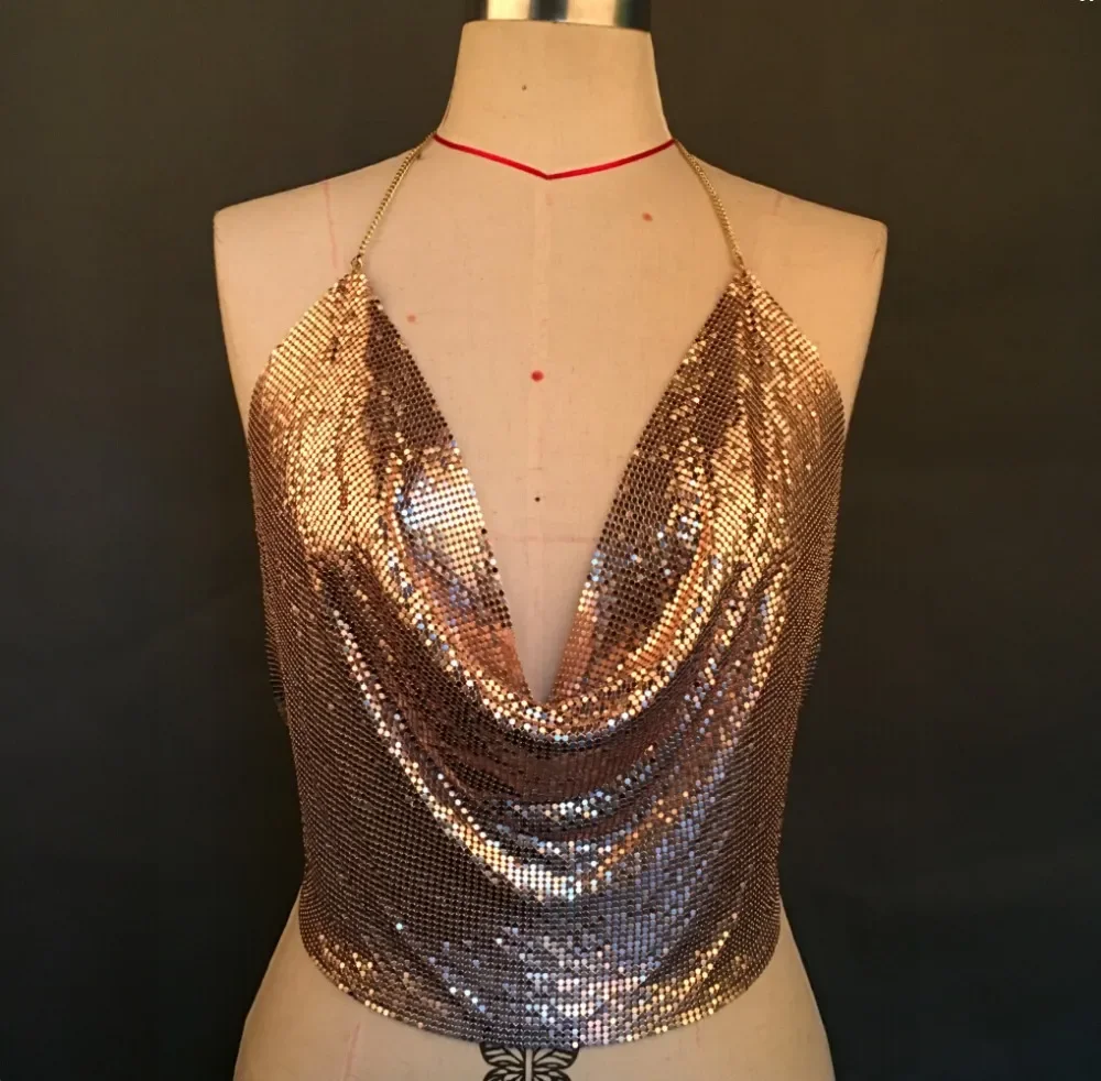 Коллекция 2023 года металлический кроп-топ с блестками и лямкой на шее сексуальные