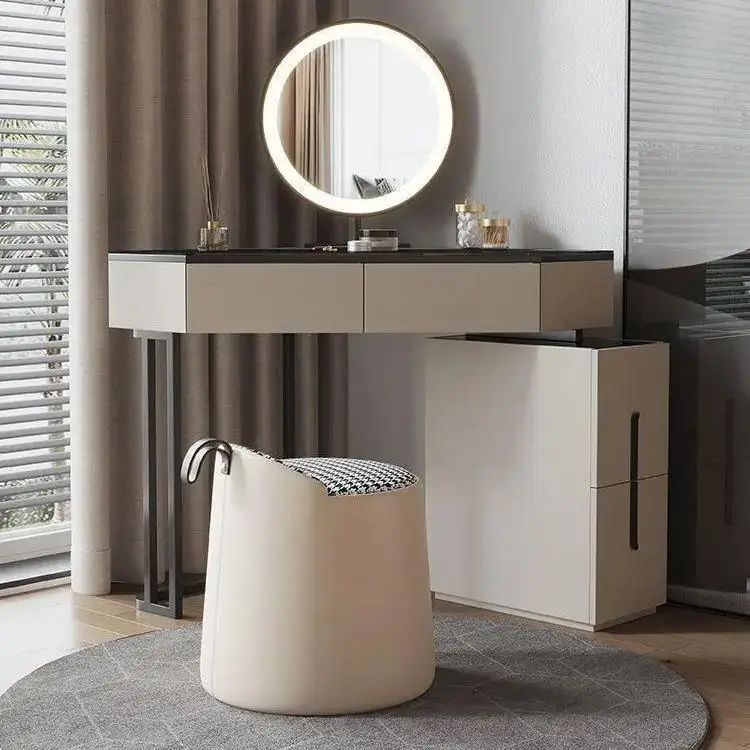 

Luxury Modern Triangle Corner Vanity with LED Mirror Large capacity Makeup Dressing Table with 4 Drawers Save Space Furniture