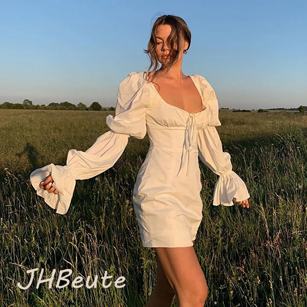 

JHBeute Tie Front Mini Dress Bodycon Party Club Lantern Sleeve Sexy White Dress Women Spring Autumn Birthday Elegant Dress 2022