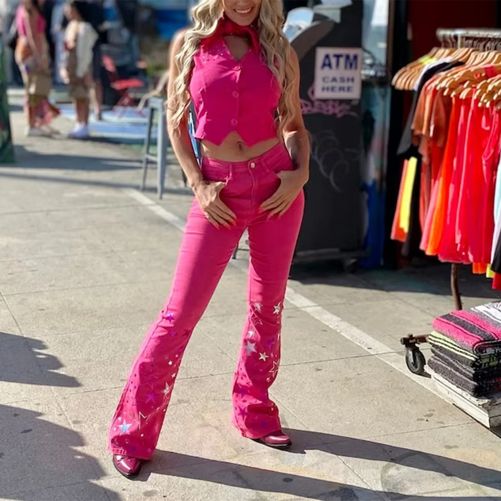 

Women Halloween Cosplay Pant Suit Retro Style Girls Role Play Pink Vest Pants Star Printed Single Breasted Festival Outfit