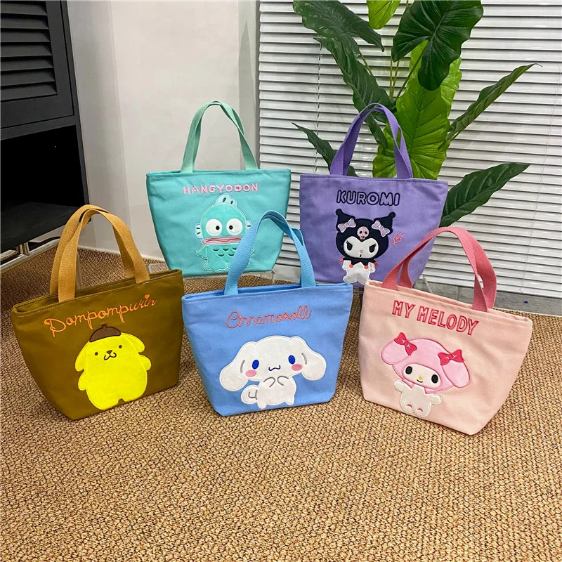 

New Sanrio Bag Melody Kuromi Handbag Shoulder Hand Bag Canvas Kawaii Cinnamoroll Lunch Bag Large Capacity Storage Bag Gift