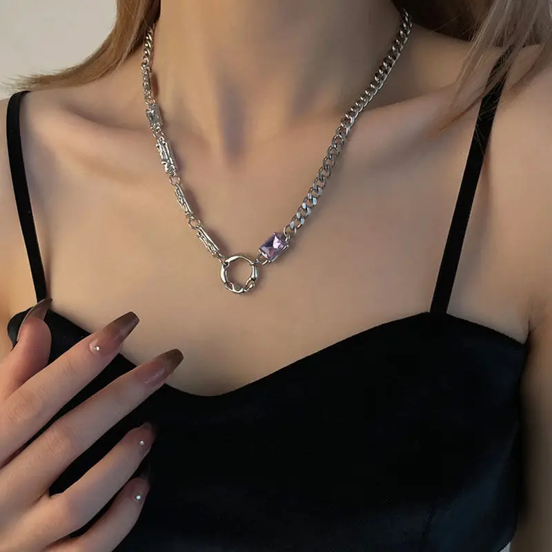 Korean Fashion Punk Style Personality Purple Black Necklaces for Women Luxury Niche Design Y2k Babes Clavicle Chain Jewerly Gift