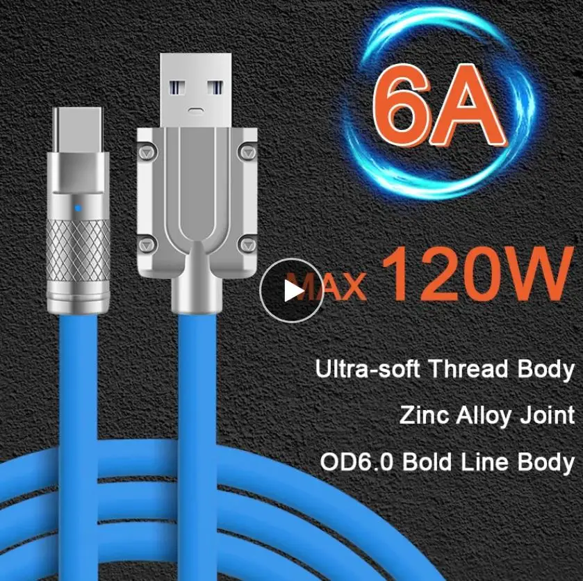 

120w 6a Type C Cable Fast Charging Liquid Silicone Usb Line With Led Indicator Compatible For Xiaomi Huawei Samsung