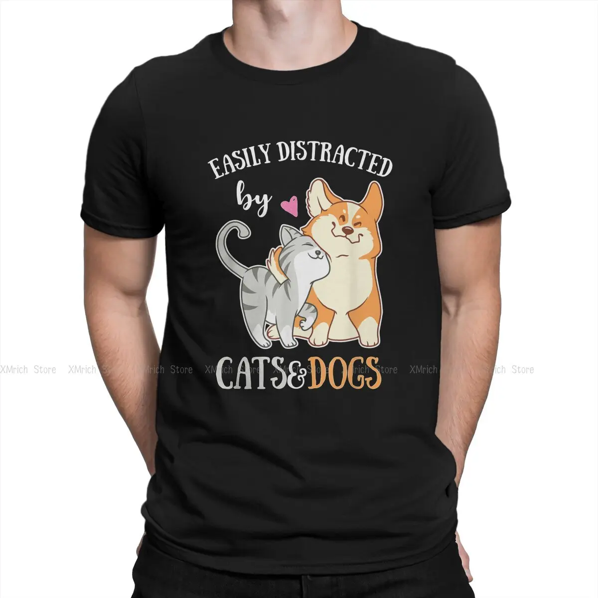 

Easily Distracted By Cats And Dogs Corgi Kitten Kids Perfect Gift Men TShirt Funny Puppie Pets O Neck Tops Fabric T Shirt