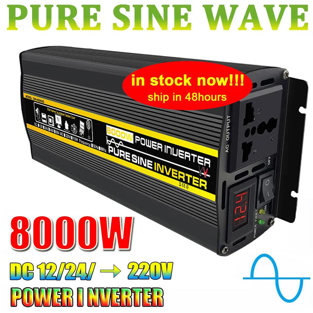

Инвертор 8000 Вт, 12 В, 220 В, автомобильный преобразователь немодулированного синусоидального сигнала, 12 В постоянного тока в 220 В переменного тока, инвертор солнечной панели для домашнего водяного насоса