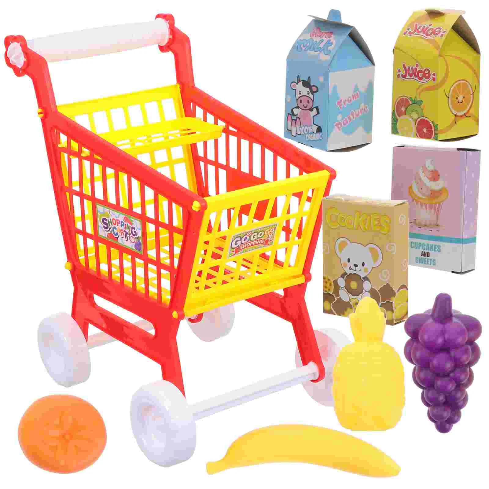 

Shopping Cart Grocery Toy Play Pretend Fruit Mini Fake Kids Daycarts Trolley Micro Miniature Holder Irontoys Basket Housebaby