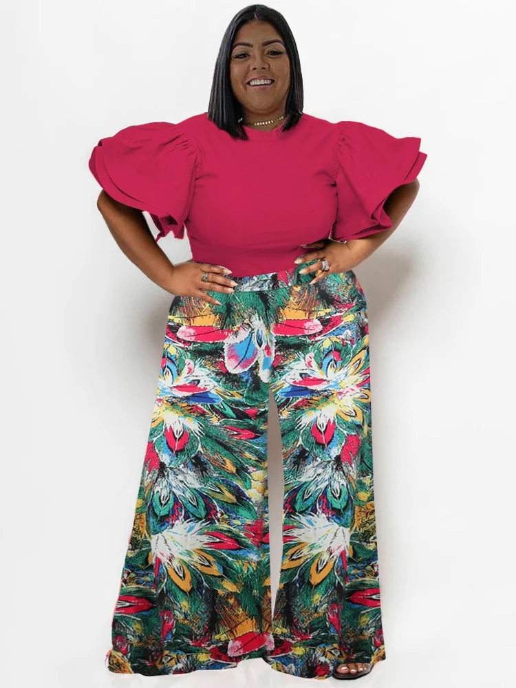 Plus Size New in Matching Sets Two Piece Outfits Summer Clothes Solid Shirts Tops and Print Pants Whol 3xl 4xl 5xl 6xl