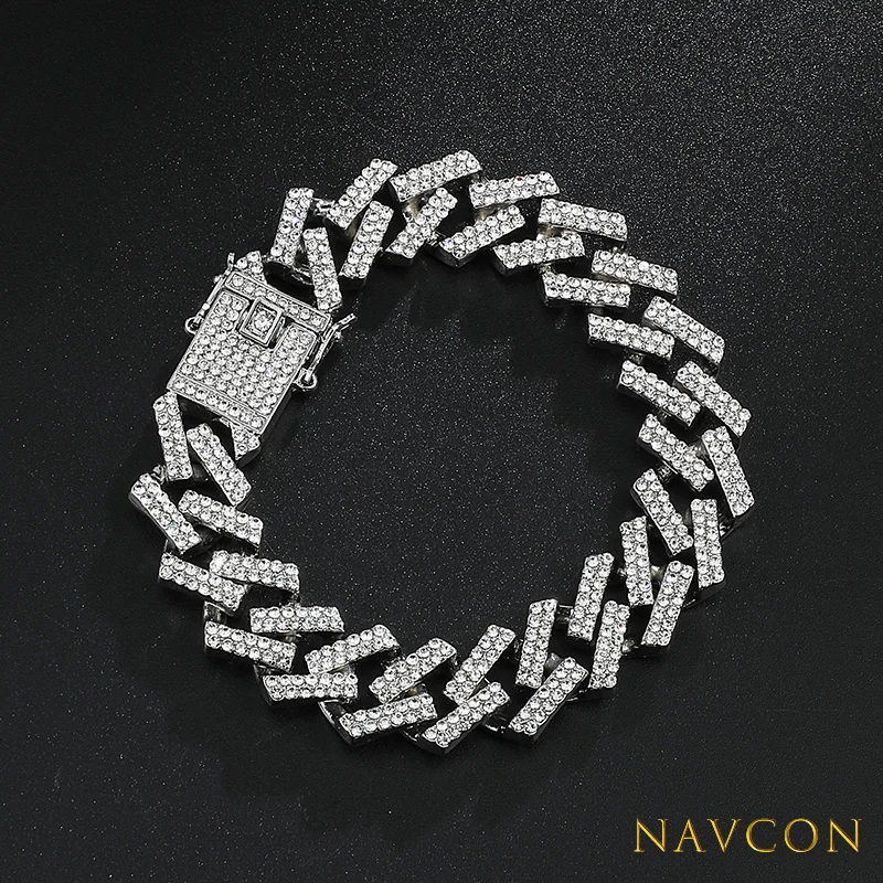 

Hip Hop 15MM Bling Iced Out Full Rhinestone Bracelet Geometric AAA CZ Stone Cuban Chain Bracelets For Men Jewelry