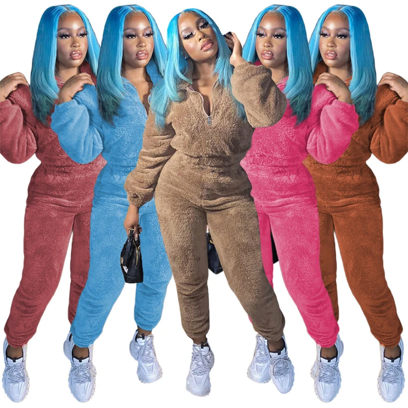 

Sunny Plush Fleece Two Piece Set Women Solid Casual Home Suits Zipper Turn Down Collar Long Sleeve Sweatshirts Top And Pants