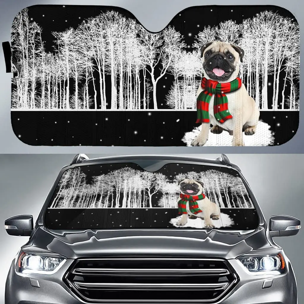 

3D Cute Fawn Pug with Scarf in Snow Christmas Car Sunshade, Auto Sunshade for Pug Lovers Gift, Pug Mom Car Decor, Car Windshield