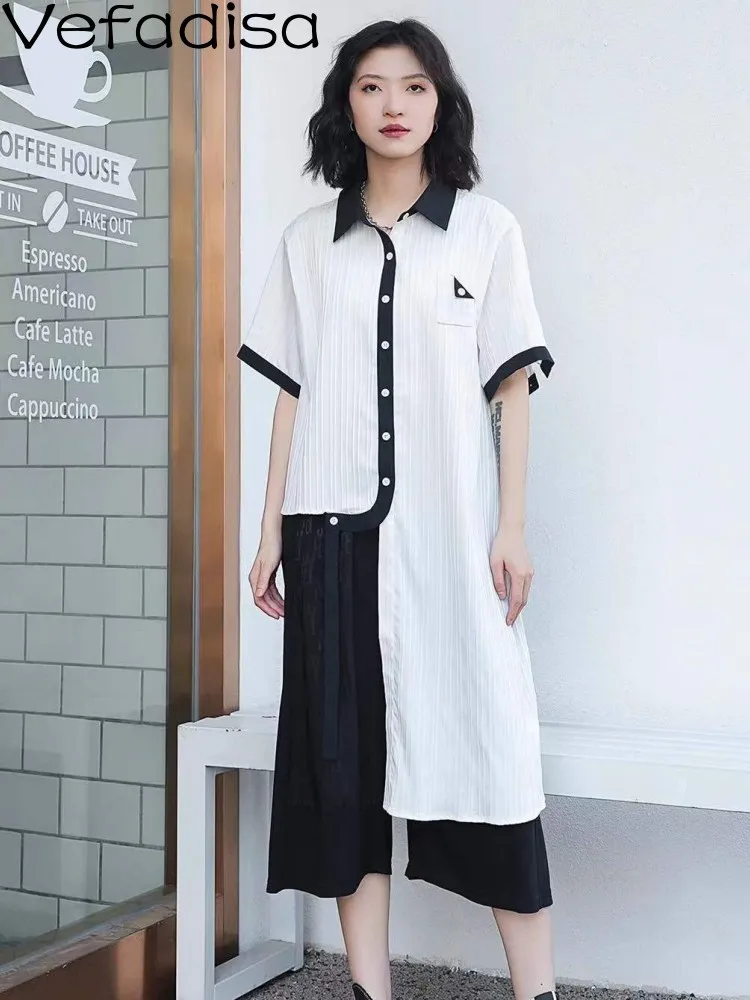 

Vefadisa Solid Irregular Short Sleeve Polo Shirt Collar Contrast Medium Length Shirt White Asymmetric Trendy Girl Top ZY608