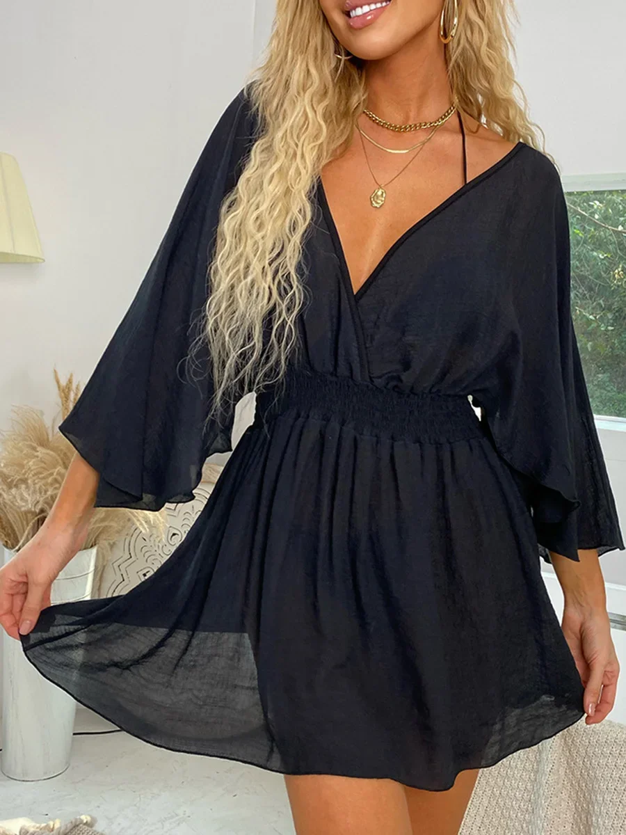 Сетчатая шифоновая туника с v-образным вырезом и длинными рукавами пляжная