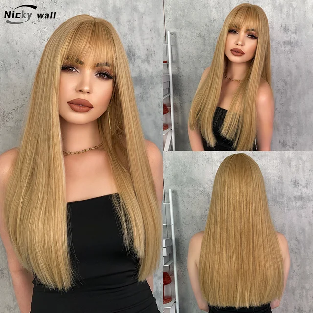 Blonde Long Straight Wig Synthetic with Bangs Natural Hairline Wig Highlight Black Brown Pink Wig For Women Daily Cosplay Party 1