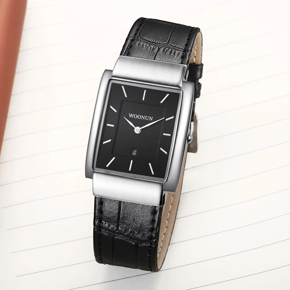 

Fashion Rectangle Watches Men Simplicity Minimalism Watches Genuine Leathe Auto Date Quartz Wristwatches Men Ultra Thin Watches