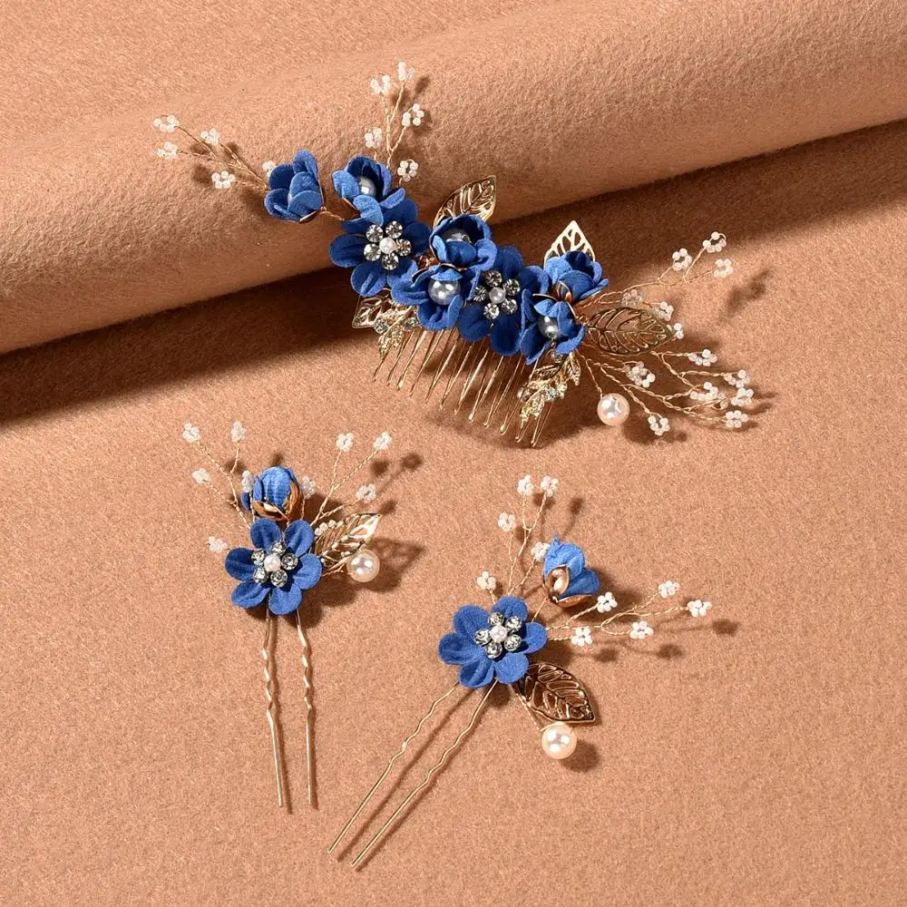 

Luxury Wedding Crystal Crown Leaves Tiara Bridal Clips Blue White Hair Combs Flower Hair Pin