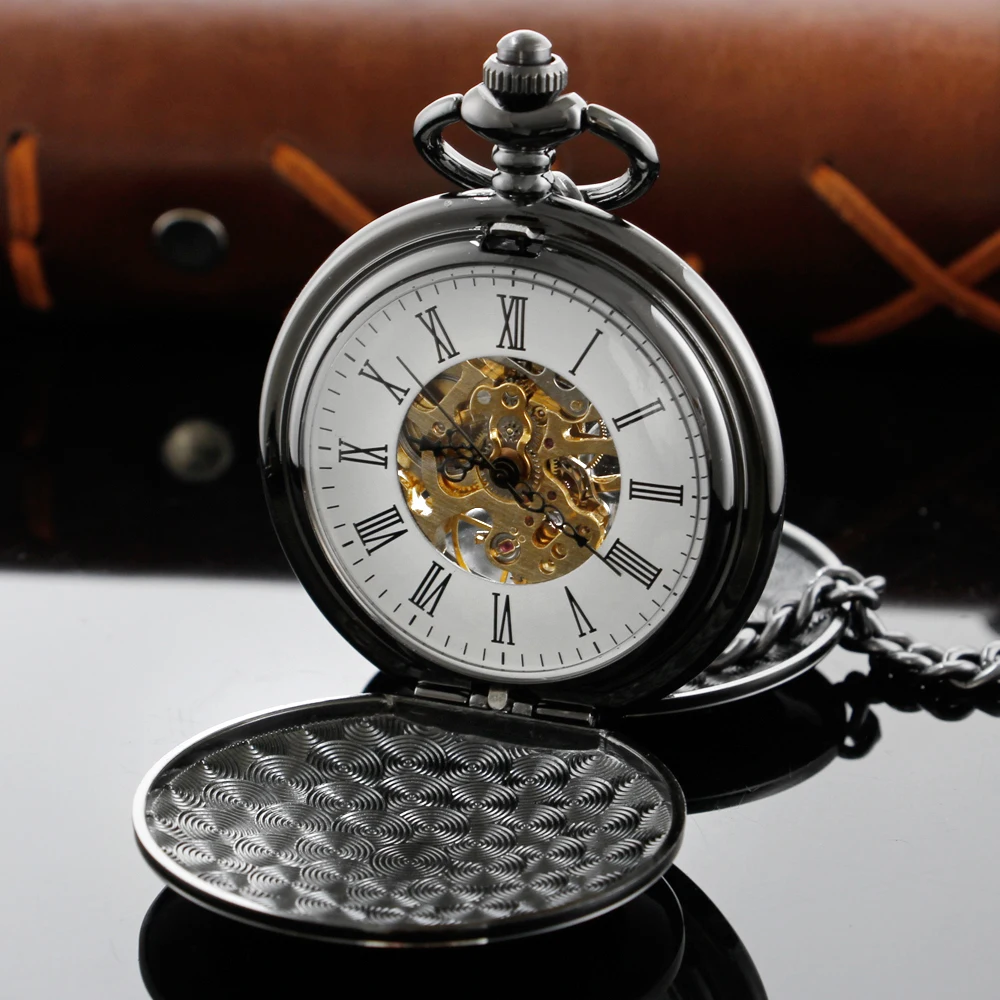 Black Double-Sided Open Classic Steampunk Mechanical Pocket Watch Retro Gentleman Analog Signal Clock Lady Jewelry Gift