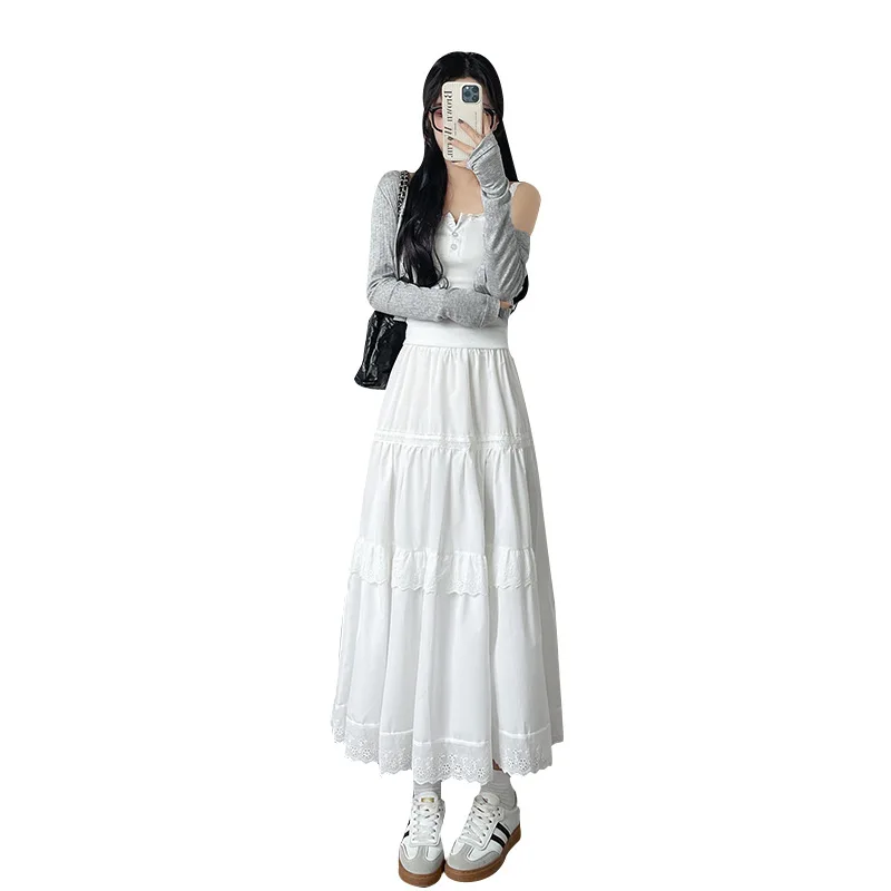 Женская кружевная юбка белая драпированная с высокой талией весна-лето 2024