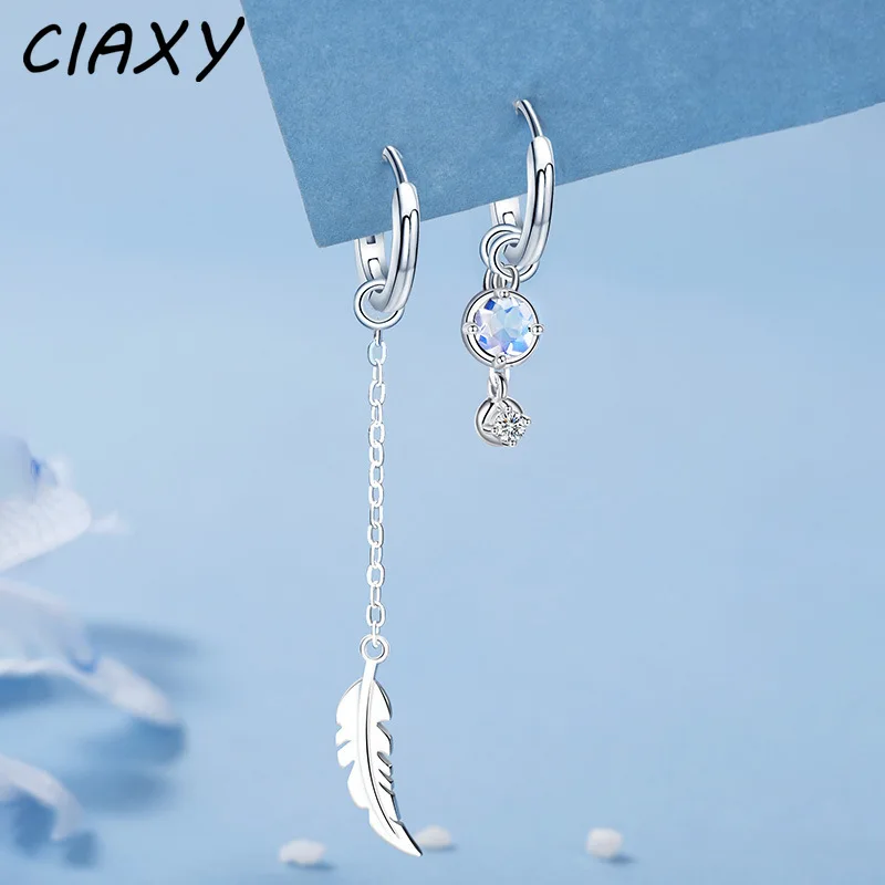 

Silver Stamp Color Asymmetric Moonstone Feather Earrings for Women Personality Tassel Line Buckle Luxury Jewelry