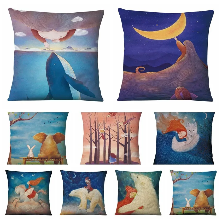 

Customizable Throw Pillow Scandinavian Fairy Tale Princess Print Pillowcase Polar Bear Cushion Pillow Sofa Throw Pillow