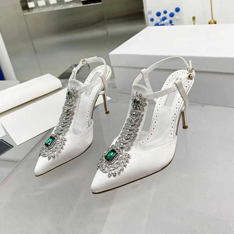 Pointed-toe ladies sandals 2023summer new rhinestone square buckle high-heeled toe stiletto satin chain back empty Roman shoes
