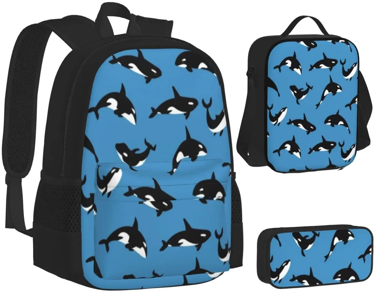 School Backpack Orcas Or Killer Whales Schoolbag Travel Bag Casual Daypack Lunch Bag Pencil Case for Boys Teens Girls 3pcs Sets