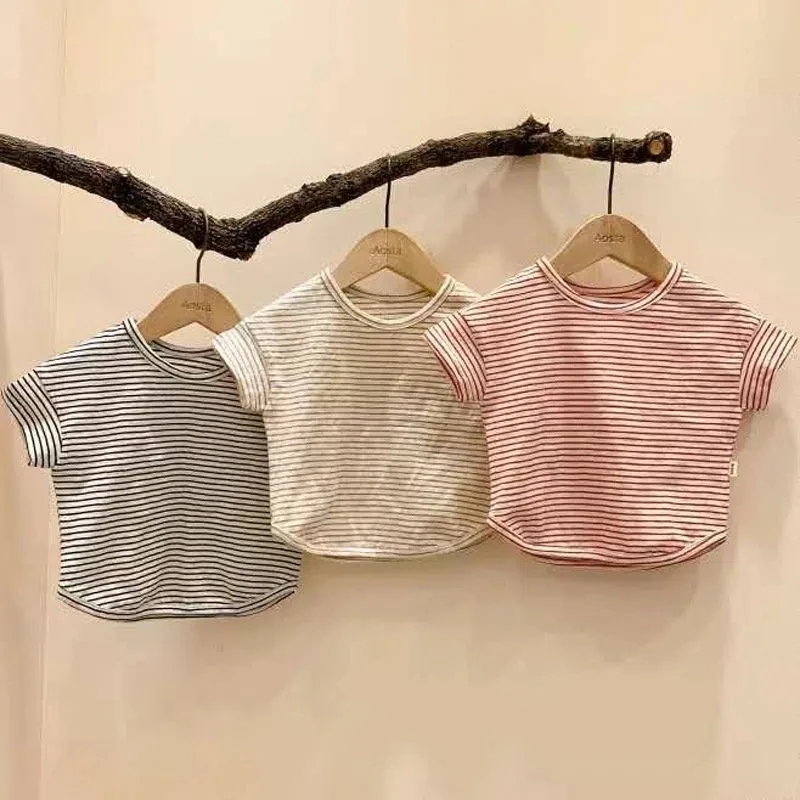 

VIDMID Baby summer striped short sleeved T-shirt boys girls skin friendly loose casual half sleeve bottoming shirts tops P6445