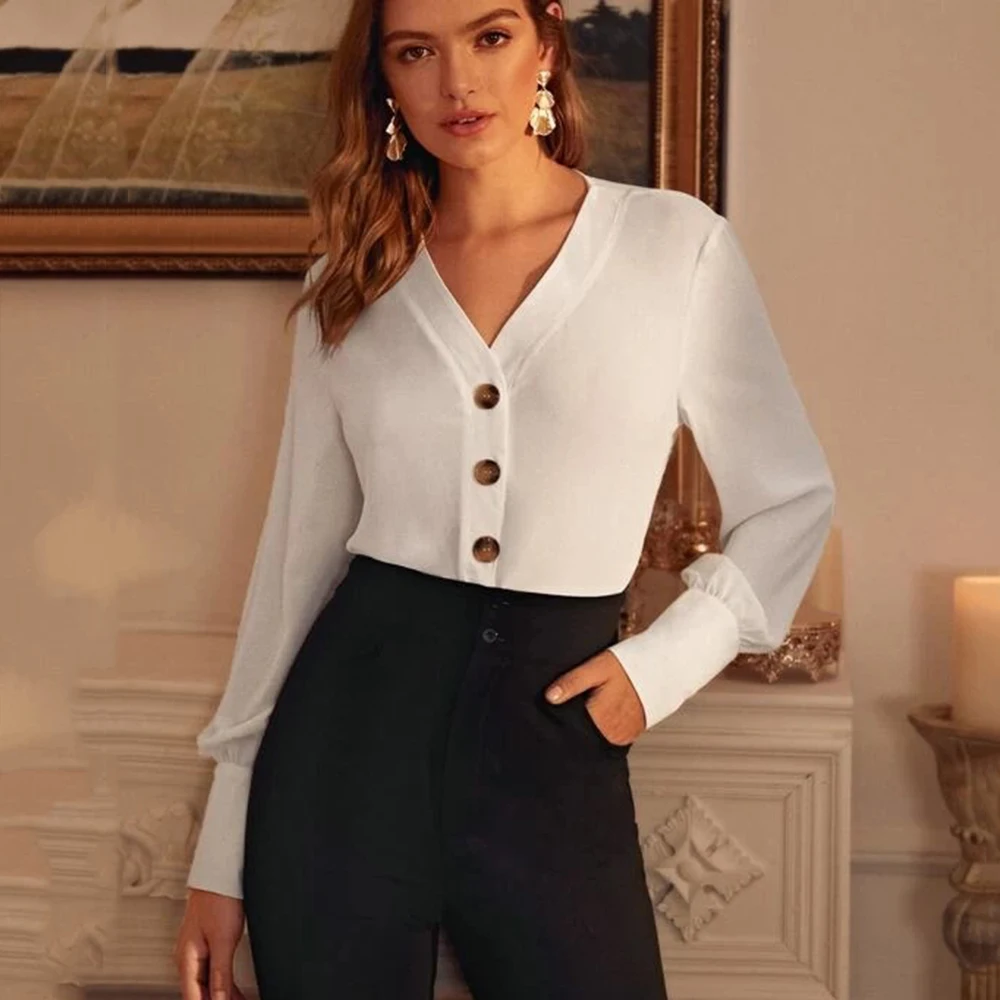 

Casual Button Chiffon Shirt Blouse Woman 2022 Spring V-neck Long Sleeve Top Shirts For Women White Elegant Pure Color Tops Femme