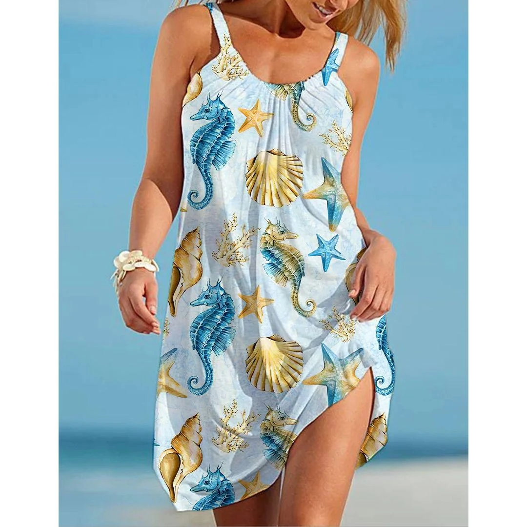 Seashell Print Strap Dress Sexy Sleeveless Beach Bohemian Midi Dress Women Fashion Evening Party Dresses Elegant Hem Sundress