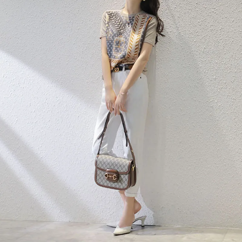 French sle Ice Silk Knit T-shirt Women Summer Loose Temperament Retro Thin Age-Reducing Western Sle Print Top Ins Fashion