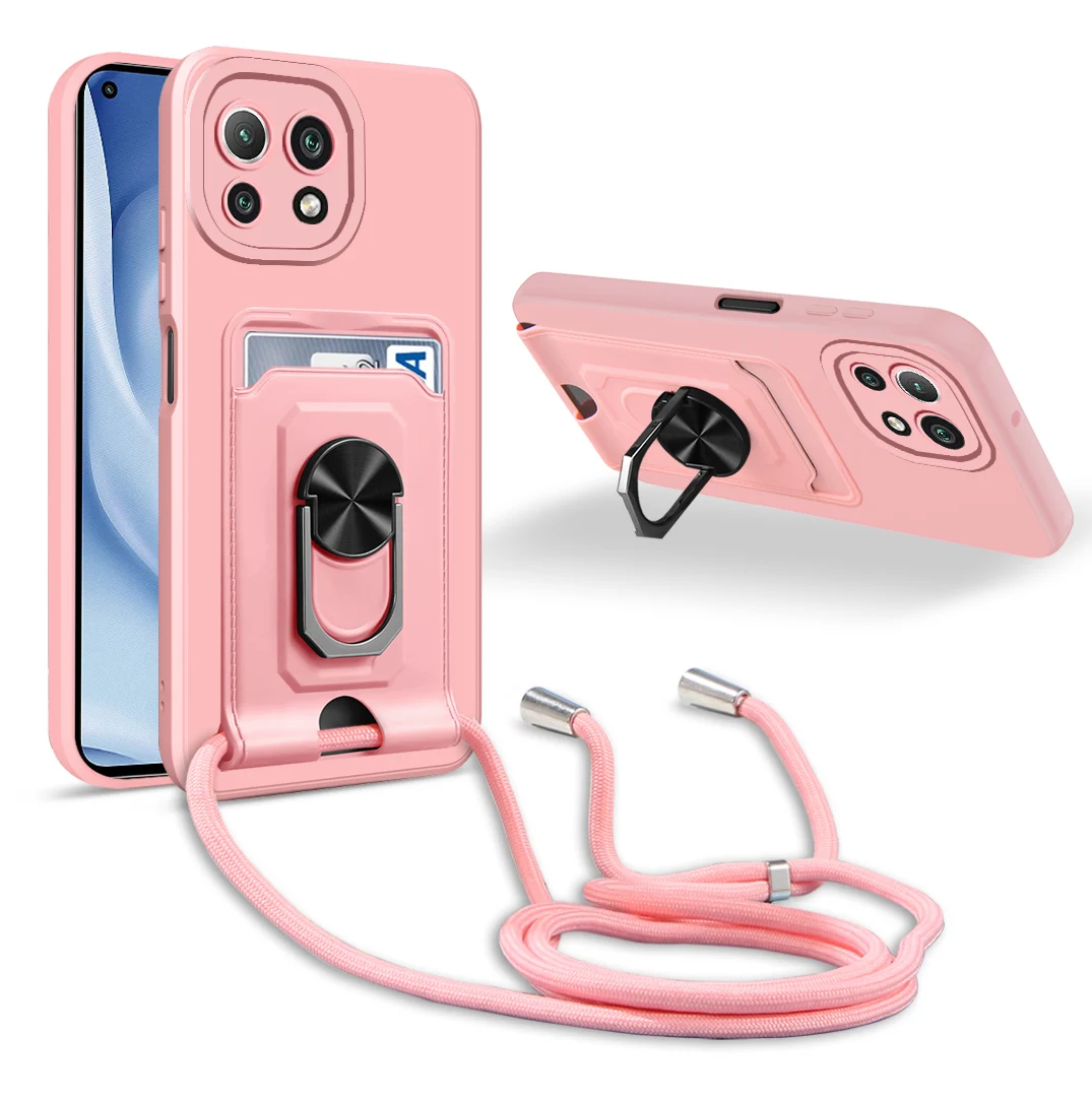 For Redmi 9A 9C Note 11 Lanyard TPU Phone Case 10 9 8 9s Pro 4G 5G 10C 8A Multifunctional Card Slot Pocket Stand Ring Hand Rope