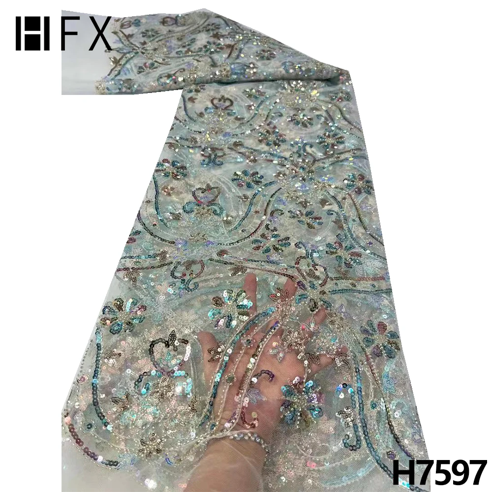 

Африканская кружевная ткань HFX с блестками, 2022 мятно-зеленая Высококачественная кружевная ткань ручной работы с бисером, кружевное нигерийское свадебное платье H7597