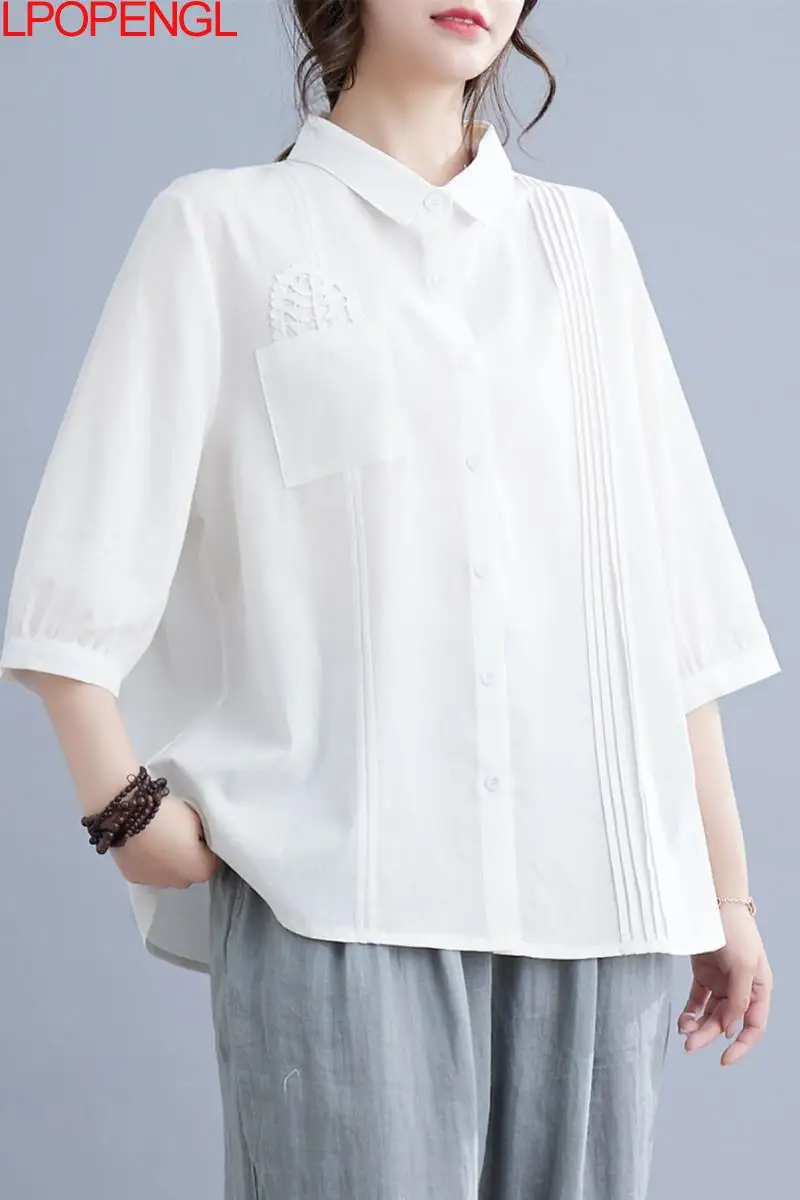 

Рубашка-поло женская с вышивкой, повседневный универсальный топ из хлопка и льна, с рукавом, однотонный, лето 2023