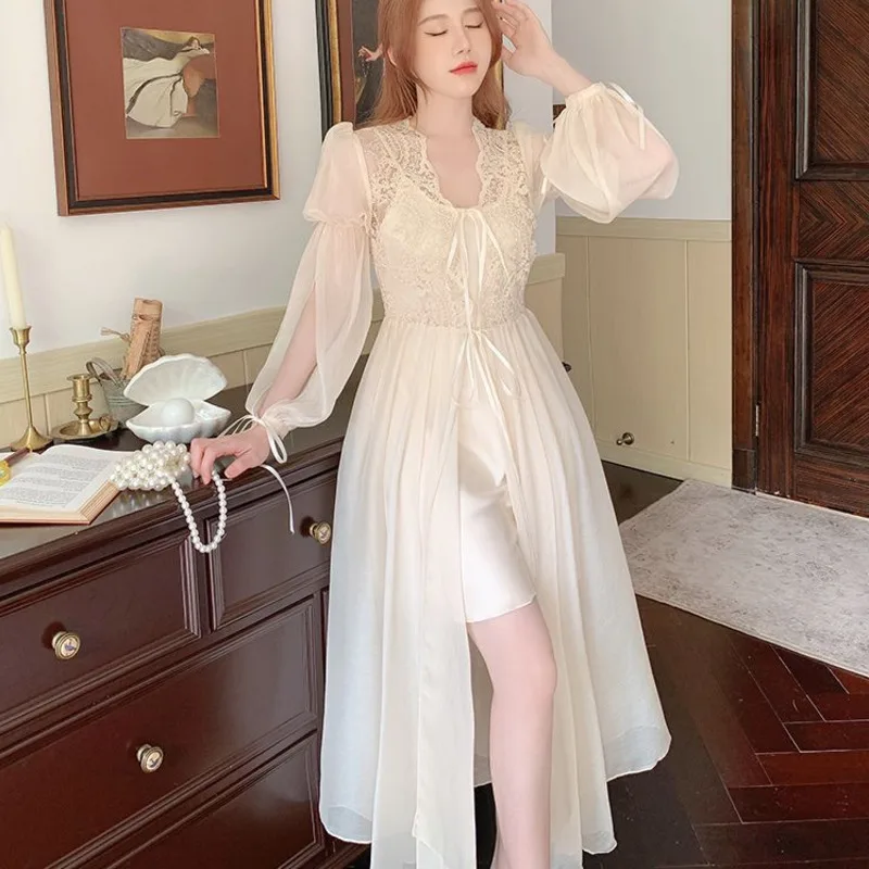 Женская кружевная ночная сорочка из вискозы с длинным рукавом