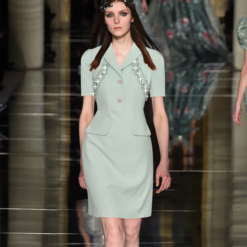 

Heavy Beaded women dress fashion Turn-down Collar work dresses G7511