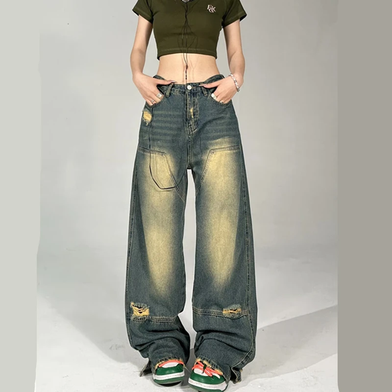 

Spring/Summer 2023 New High Waist Loose Hip Hop Made Old Wide Leg Hole Yellow Mud Dyed Contrast Wash Jeans for Women