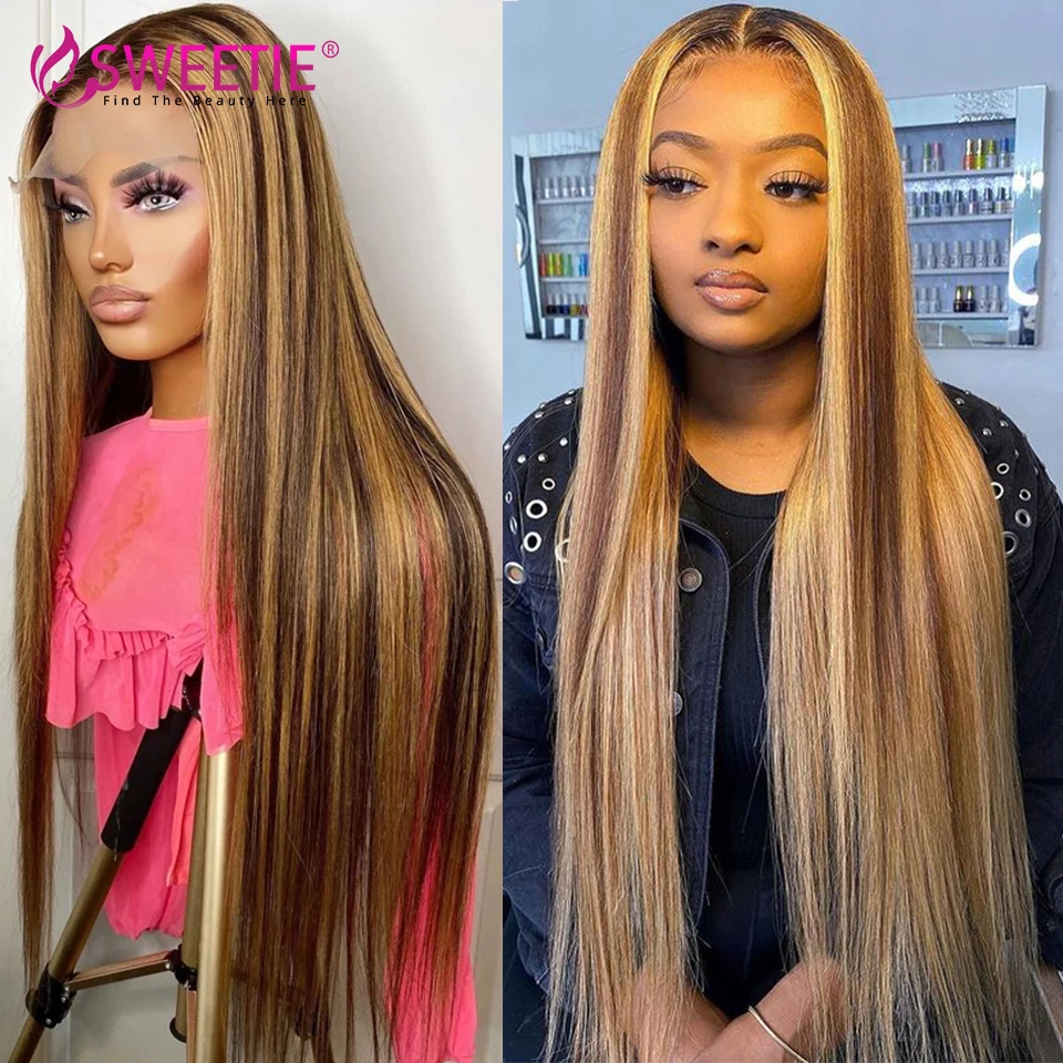 Highlight Lace Front Human Hair Wig Colored Ombre 4X4 13X4 Straight Highlight HD Lace Frontal Wigs Preplucked Glueless Full Wigs