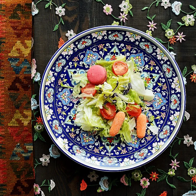 

Экзотические керамические тарелки из Средней Азии, посуда, декоративная тарелка с цветами гулины, десертная тарелка для торта, блюдо для стейка и макаронных изделий, сервировочный поднос