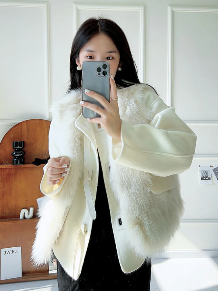 

RosEvans Fox Fur Two-piece Fur Coat Women Double-sided Vest Tweed Coat New Fashion Real Fur Warm Jacket Tide Fit Autumn Winter