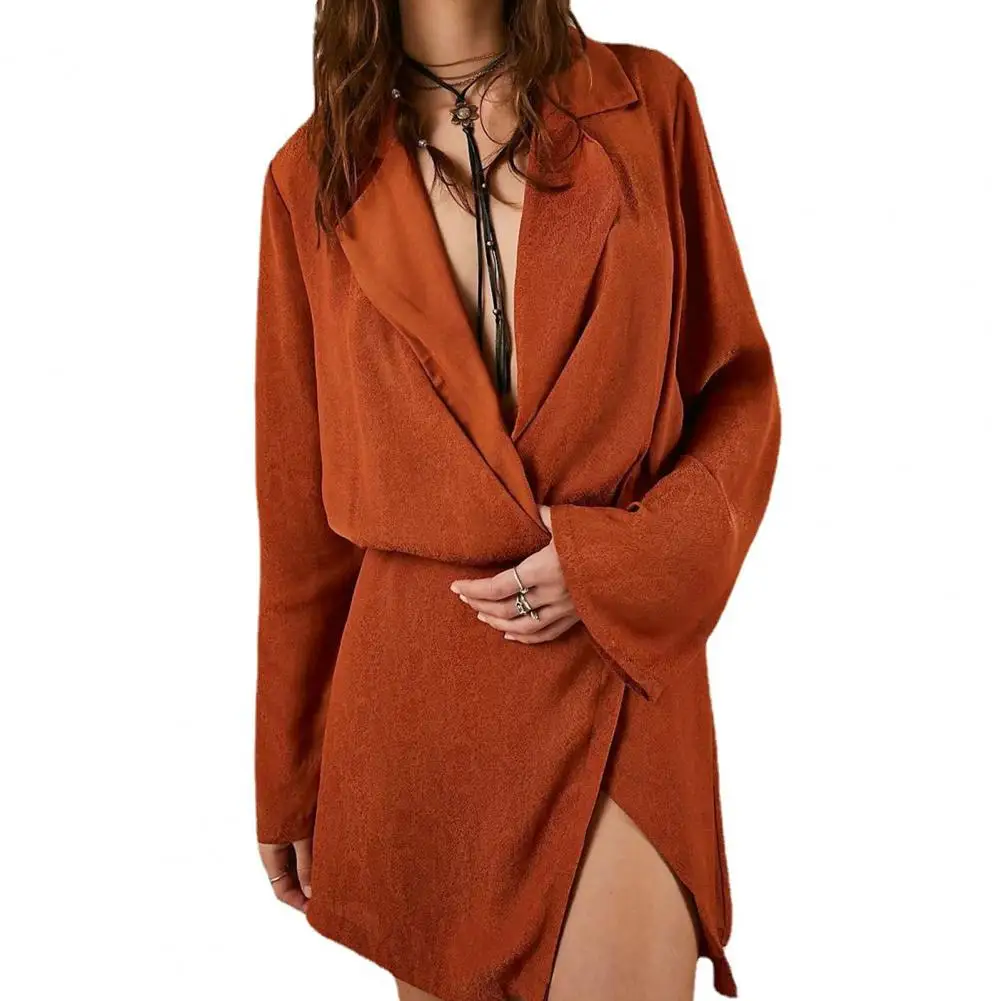 

Casual Women Dress High-Waist Pure Color Lapel V-Neck Casual Female Autumn Clothing